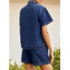 image:imageSidefeel Womens 2 Piece Sets Denim Summer Outfits Comfy Short Sleeve Button Down Shirt High Waisted Shorts Lounge SetsDark Blue