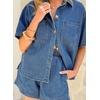 image:imageSidefeel Womens 2 Piece Sets Denim Summer Outfits Comfy Short Sleeve Button Down Shirt High Waisted Shorts Lounge SetsLight Blue