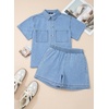 image:imageSidefeel Womens 2 Piece Sets Denim Summer Outfits Comfy Short Sleeve Button Down Shirt High Waisted Shorts Lounge SetsSky Blue