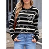 image:imageSidefeel Womens Floral Sweaters Long Sleeve Crewneck Striped 3D Flower Knit Loose Pullover Sweater Going Out TopsBlack Stripe
