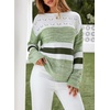 image:imageSidefeel Womens Oversized Sweaters Striped Crochet Boat Neck Hollow Out Lightweight Long Sleeve Knit Trendy Pullover TopsGreen
