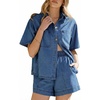 image:imageSidefeel Womens 2 Piece Sets Denim Summer Outfits Comfy Short Sleeve Button Down Shirt High Waisted Shorts Lounge SetsLight Blue