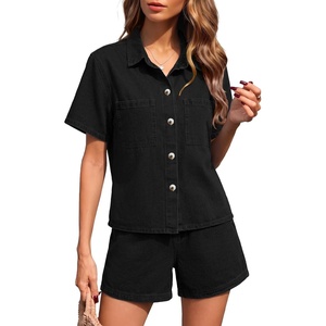 image:imageSidefeel Womens 2 Piece Sets Denim Summer Outfits Comfy Short Sleeve Button Down Shirt High Waisted Shorts Lounge SetsBlack