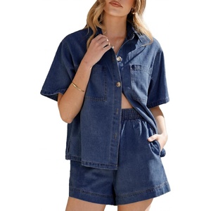 image:imageSidefeel Womens 2 Piece Sets Denim Summer Outfits Comfy Short Sleeve Button Down Shirt High Waisted Shorts Lounge SetsDark Blue