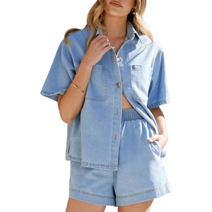 image:imageSidefeel Womens 2 Piece Sets Denim Summer Outfits Comfy Short Sleeve Button Down Shirt High Waisted Shorts Lounge SetsSky Blue