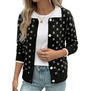 image:imageSidefeel Womens Button Up Open Front Cardigan Sweaters Long Sleeve Collared Printed Knit Sweater CoatsBlack