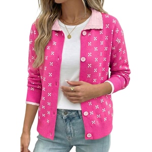 image:imageSidefeel Womens Button Up Open Front Cardigan Sweaters Long Sleeve Collared Printed Knit Sweater CoatsRose Red