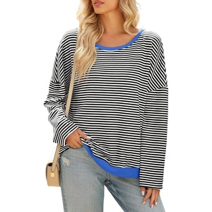 image:imageSidefeel Womens Color Block Tops Casual Long Sleeve Shirts Oversized Crewneck Striped Pullover ShirtsBlack