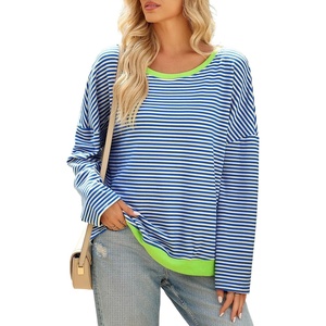 image:imageSidefeel Womens Color Block Tops Casual Long Sleeve Shirts Oversized Crewneck Striped Pullover ShirtsBlue