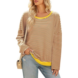 image:imageSidefeel Womens Color Block Tops Casual Long Sleeve Shirts Oversized Crewneck Striped Pullover ShirtsBrown