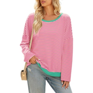 image:imageSidefeel Womens Color Block Tops Casual Long Sleeve Shirts Oversized Crewneck Striped Pullover ShirtsPink