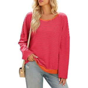 image:imageSidefeel Womens Color Block Tops Casual Long Sleeve Shirts Oversized Crewneck Striped Pullover ShirtsRed