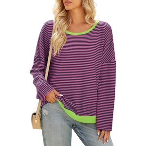 image:imageSidefeel Womens Color Block Tops Casual Long Sleeve Shirts Oversized Crewneck Striped Pullover ShirtsRose