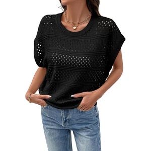 image:imageSidefeel Womens Crochet Tops for Women Cap Sleeve Knitted Summer Sweater Pullover Cute Beach Vacation ClothesBlack