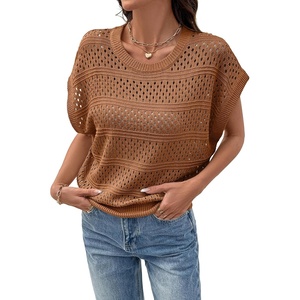 image:imageSidefeel Womens Crochet Tops for Women Cap Sleeve Knitted Summer Sweater Pullover Cute Beach Vacation ClothesCoffee