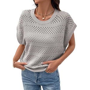 image:imageSidefeel Womens Crochet Tops for Women Cap Sleeve Knitted Summer Sweater Pullover Cute Beach Vacation ClothesGrey