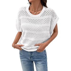 image:imageSidefeel Womens Crochet Tops for Women Cap Sleeve Knitted Summer Sweater Pullover Cute Beach Vacation ClothesWhite