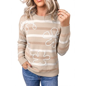 image:imageSidefeel Womens Floral Sweaters Long Sleeve Crewneck Striped 3D Flower Knit Loose Pullover Sweater Going Out TopsApricot Stripe