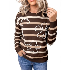 image:imageSidefeel Womens Floral Sweaters Long Sleeve Crewneck Striped 3D Flower Knit Loose Pullover Sweater Going Out TopsBrown Stripe