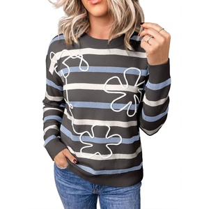 image:imageSidefeel Womens Floral Sweaters Long Sleeve Crewneck Striped 3D Flower Knit Loose Pullover Sweater Going Out TopsGray Stripe