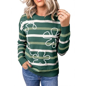 image:imageSidefeel Womens Floral Sweaters Long Sleeve Crewneck Striped 3D Flower Knit Loose Pullover Sweater Going Out TopsGreen Stripe