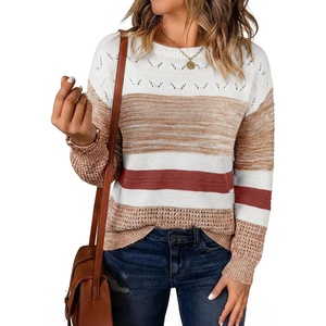 image:imageSidefeel Womens Oversized Sweaters Striped Crochet Boat Neck Hollow Out Lightweight Long Sleeve Knit Trendy Pullover TopsBrown