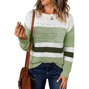 image:imageSidefeel Womens Oversized Sweaters Striped Crochet Boat Neck Hollow Out Lightweight Long Sleeve Knit Trendy Pullover TopsGreen