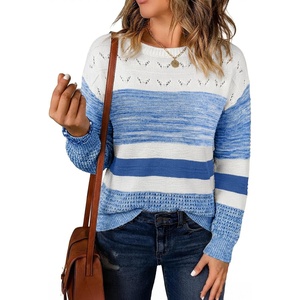 image:imageSidefeel Womens Oversized Sweaters Striped Crochet Boat Neck Hollow Out Lightweight Long Sleeve Knit Trendy Pullover TopsSky Blue