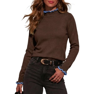 image:imageSidefeel Womens Pullover Sweaters Ruffle Long Sleeve Mock Neck Casual Knit Jumper TopsCoffee