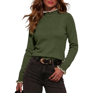 image:imageSidefeel Womens Pullover Sweaters Ruffle Long Sleeve Mock Neck Casual Knit Jumper TopsVineyard Green