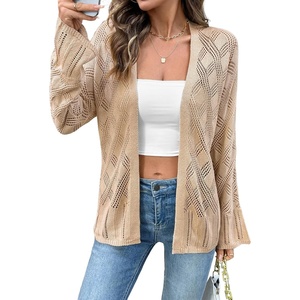 image:imageSidefeel Womens Summer Cardigan Sweaters Long Sleeve Open Front Crochet See Through Lightweight Kimonos Boho Beach Cover UpsKhaki