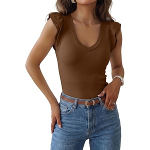 image:imageSidefeel Womens V Neck Summer Tops Ruffle Sleeveless Slim Fit T Shirts Casual Blouses 2026Coffee