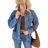 image:imageSidefeel Jean Jacket Women Trendy Long Sleeve Denim Jacket Leather Collar Oversized Coat with Three Big PocketsDark Blue
