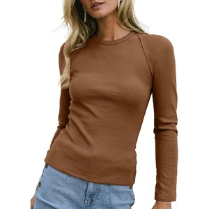 image:imageSidefeel Long Sleeve Shirts for Women Crewneck Ribbed Knit Raw Hem Raglan Tops Casual Slim Fitted Basic TeesBrown