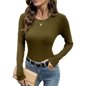 image:imageSidefeel Long Sleeve Shirts for Women Crewneck Ribbed Knit Raw Hem Raglan Tops Casual Slim Fitted Basic TeesMoss Green