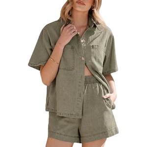 image:imageSidefeel Womens 2 Piece Sets Denim Summer Outfits Comfy Short Sleeve Button Down Shirt High Waisted Shorts Lounge SetsGreen