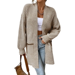 image:imageSidefeel Womens Cardigan Sweaters 2026 Long Sleeve Open Front Chevron Striped Fall Outfits Chunky Knit Sweaters CoatKhaki