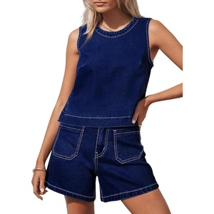 image:imageSidefeel Womens Denim Set Summer 2 Piece Short Sets Sleeveless Jean Top High Waisted Denim Shorts Bluing Small