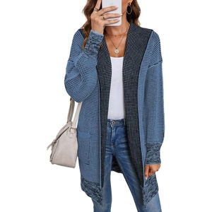 image:imageSidefeel Womens Fall Winter Hooded Cardigan Oversized Open Front Chunky Knit Plaid Sweaters Outwear Sky Blue XLarge