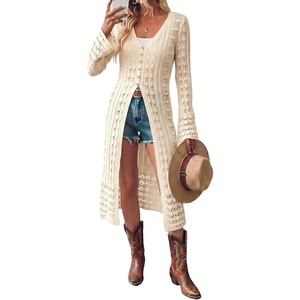 image:imageSidefeel Womens Long Cardigans Crochet Duster Button Up Bell Long Sleeve Trendy Fall Lightweight SweatersBeige
