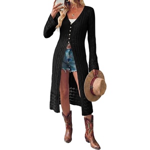 image:imageSidefeel Womens Long Cardigans Crochet Duster Button Up Bell Long Sleeve Trendy Fall Lightweight SweatersBlack