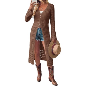 image:imageSidefeel Womens Long Cardigans Crochet Duster Button Up Bell Long Sleeve Trendy Fall Lightweight SweatersCoffee
