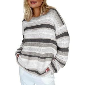 image:imageSidefeel Womens Sweaters 2026 Lightweight Casual Off Shoulder Long Sleeve Crochet Striped Knit Pullover Tops ClothingBlack