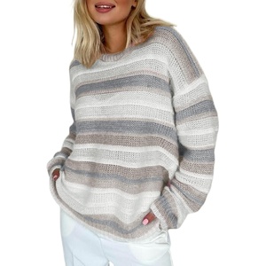 image:imageSidefeel Womens Sweaters 2026 Lightweight Casual Off Shoulder Long Sleeve Crochet Striped Knit Pullover Tops ClothingGray