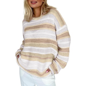 image:imageSidefeel Womens Sweaters 2026 Lightweight Casual Off Shoulder Long Sleeve Crochet Striped Knit Pullover Tops ClothingKhaki