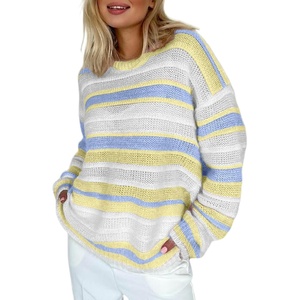image:imageSidefeel Womens Sweaters 2026 Lightweight Casual Off Shoulder Long Sleeve Crochet Striped Knit Pullover Tops ClothingYellow