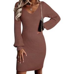 image:imageSidefeel Womens 2026 Fall Winter Ribbed Knit Sweater Dress Casual Long Sleeve Sexy V Neck Bodycon Mini DressBrown