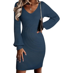image:imageSidefeel Womens 2026 Fall Winter Ribbed Knit Sweater Dress Casual Long Sleeve Sexy V Neck Bodycon Mini DressDark Blue