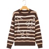 image:imageSidefeel Womens 3D Floral Long Sleeve Crewneck Striped Sweaters  Soft Cozy Fabric Raised Knit Flower Loose Fit Pullover Tops Cute 2026 Fall Outfits for Dates Casual and Weekend OutingsBrown Stripe