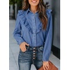 image:imageSidefeel Womens Button Denim Shirt Casual Long Sleeve 2026 Fall Deep VShaped Ruffled Edge Jean Blouses TopsIceland Blue